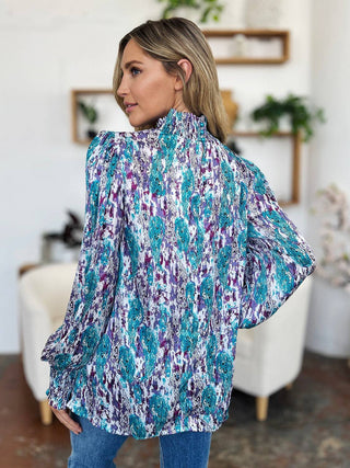 Double Take Full Size Printed Smocked Long Sleeve Blouse - 1985 the VAULT Boutique