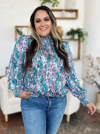 Double Take Full Size Printed Smocked Long Sleeve Blouse - 1985 the VAULT Boutique