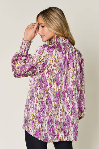 Double Take Full Size Printed Smocked Long Sleeve Blouse - 1985 the VAULT Boutique