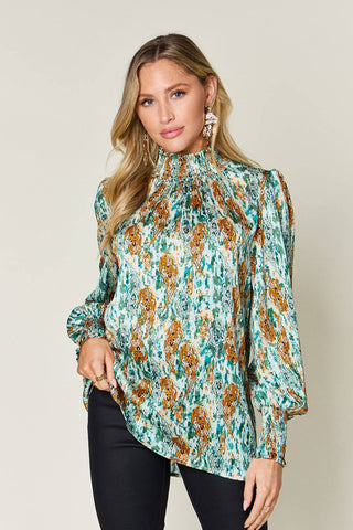 Double Take Full Size Printed Smocked Long Sleeve Blouse - 1985 the VAULT Boutique