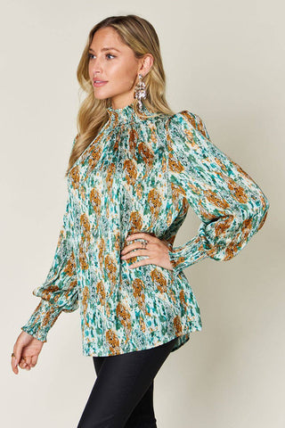 Double Take Full Size Printed Smocked Long Sleeve Blouse - 1985 the VAULT Boutique