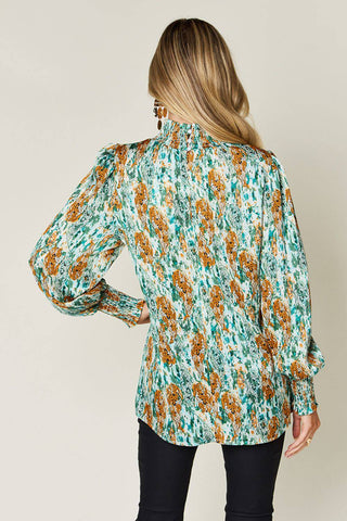 Double Take Full Size Printed Smocked Long Sleeve Blouse - 1985 the VAULT Boutique