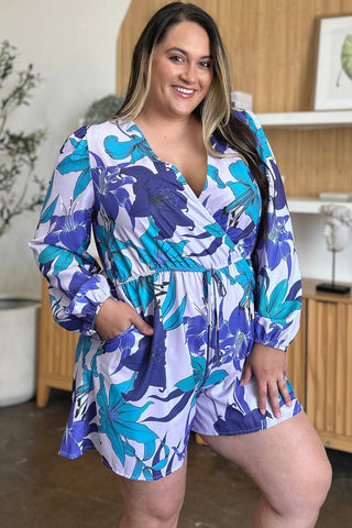 Double Take Full Size Floral Long Sleeve Romper with Pockets - 1985 the VAULT Boutique