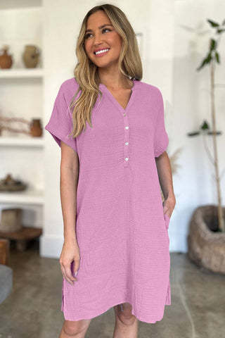 FAM-FAM Slit Notched Short Sleeve Mini Dress - 1985 the VAULT Boutique