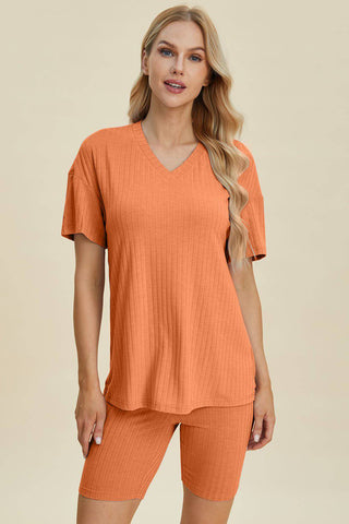 Basic Bae Full Size Ribbed V-Neck Short Sleeve Top and Shorts Set - 1985 the VAULT Boutique