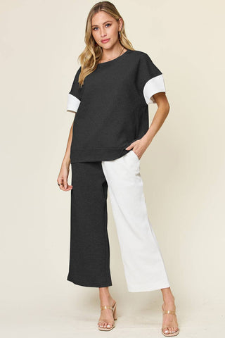 Double Take Full Size Texture Contrast T-Shirt and Wide Leg Pants Set - 1985 the VAULT Boutique