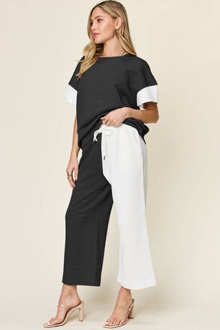 Double Take Full Size Texture Contrast T-Shirt and Wide Leg Pants Set - 1985 the VAULT Boutique