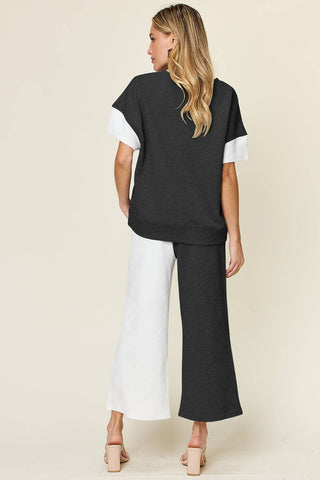 Double Take Full Size Texture Contrast T-Shirt and Wide Leg Pants Set - 1985 the VAULT Boutique