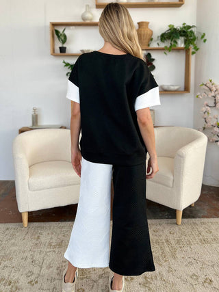 Double Take Full Size Texture Contrast T-Shirt and Wide Leg Pants Set - 1985 the VAULT Boutique