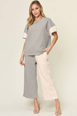 Double Take Full Size Texture Contrast T-Shirt and Wide Leg Pants Set - 1985 the VAULT Boutique