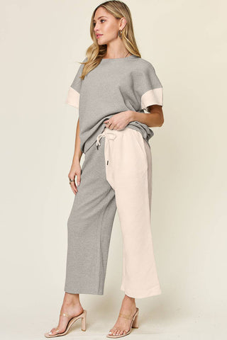 Double Take Full Size Texture Contrast T-Shirt and Wide Leg Pants Set - 1985 the VAULT Boutique