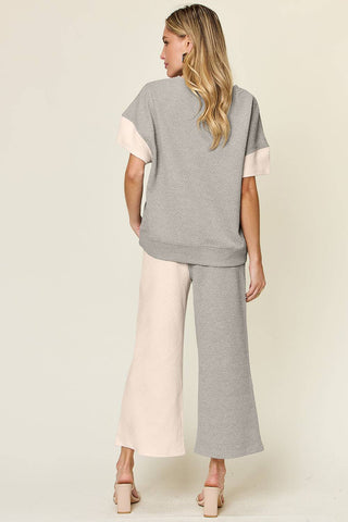 Double Take Full Size Texture Contrast T-Shirt and Wide Leg Pants Set - 1985 the VAULT Boutique