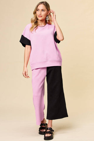 Double Take Full Size Texture Contrast T-Shirt and Wide Leg Pants Set - 1985 the VAULT Boutique