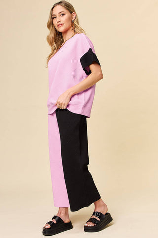 Double Take Full Size Texture Contrast T-Shirt and Wide Leg Pants Set - 1985 the VAULT Boutique