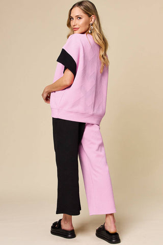 Double Take Full Size Texture Contrast T-Shirt and Wide Leg Pants Set - 1985 the VAULT Boutique