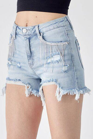 RISEN Frayed Hem Denim Shorts with Fringe Detail Pockets - 1985 the VAULT Boutique