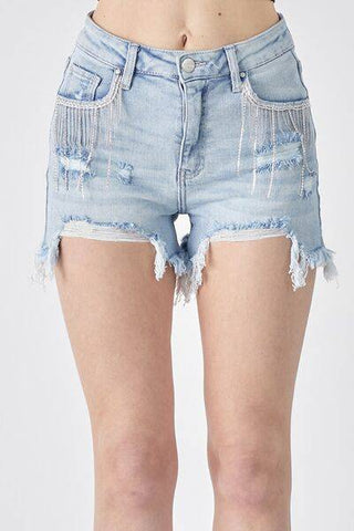 RISEN Frayed Hem Denim Shorts with Fringe Detail Pockets - 1985 the VAULT Boutique