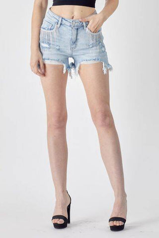 RISEN Frayed Hem Denim Shorts with Fringe Detail Pockets - 1985 the VAULT Boutique