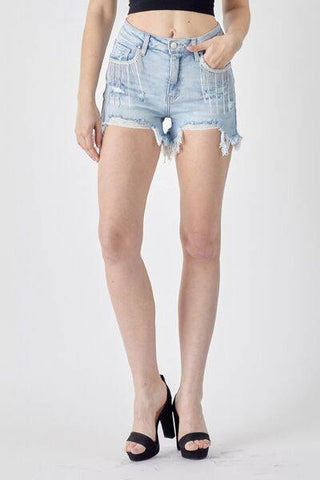 RISEN Frayed Hem Denim Shorts with Fringe Detail Pockets - 1985 the VAULT Boutique