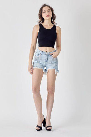 RISEN Frayed Hem Denim Shorts with Fringe Detail Pockets - 1985 the VAULT Boutique