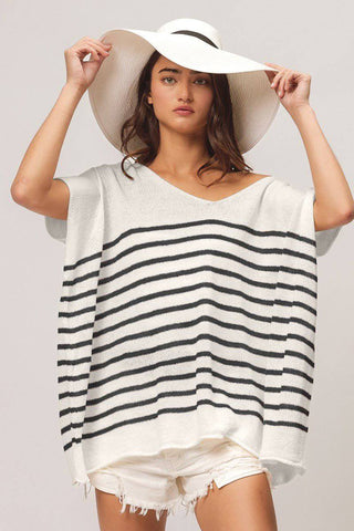 BiBi V Neck Striped Short Sleeve Top - 1985 the VAULT Boutique