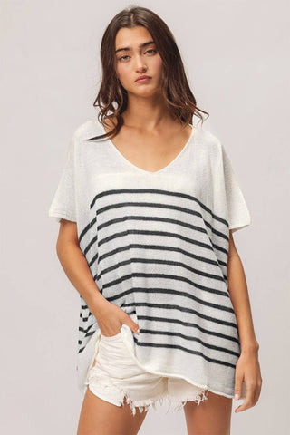 BiBi V Neck Striped Short Sleeve Top - 1985 the VAULT Boutique