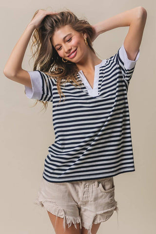 BiBi Contrast Striped Notched Knit Top - 1985 the VAULT Boutique