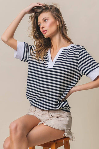 BiBi Contrast Striped Notched Knit Top - 1985 the VAULT Boutique