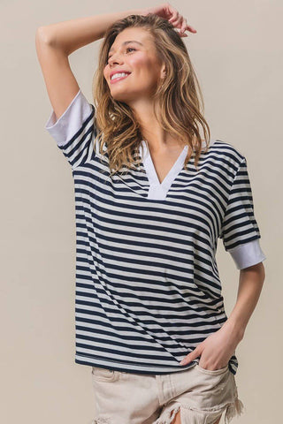 BiBi Contrast Striped Notched Knit Top - 1985 the VAULT Boutique