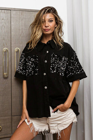 BiBi Sequin Detail Raw Hem Short Sleeve Shirt - 1985 the VAULT Boutique