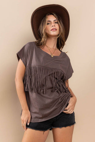 Ces Femme Fringe Detail Round Neck Short Sleeve Top - 1985 the VAULT Boutique