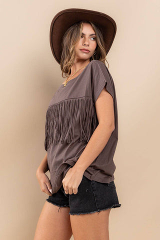 Ces Femme Fringe Detail Round Neck Short Sleeve Top - 1985 the VAULT Boutique