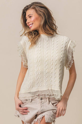 BiBi Layered Pleat Chiffon Edge Cable Knit Top - 1985 the VAULT Boutique