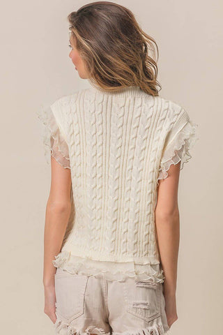 BiBi Layered Pleat Chiffon Edge Cable Knit Top - 1985 the VAULT Boutique