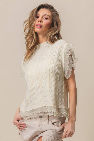 BiBi Layered Pleat Chiffon Edge Cable Knit Top - 1985 the VAULT Boutique