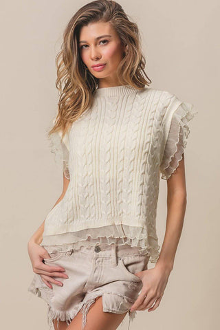 BiBi Layered Pleat Chiffon Edge Cable Knit Top - 1985 the VAULT Boutique