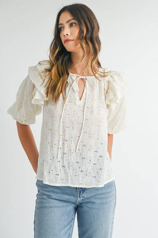 MABLE Eyelet Lace Ruffle Shoulder Puff Sleeve Blouse - 1985 the VAULT Boutique