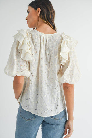 MABLE Eyelet Lace Ruffle Shoulder Puff Sleeve Blouse - 1985 the VAULT Boutique