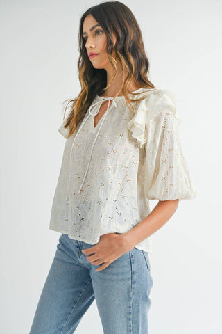 MABLE Eyelet Lace Ruffle Shoulder Puff Sleeve Blouse - 1985 the VAULT Boutique