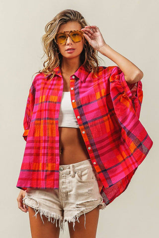 BiBi Button Up Dolman Sleeve Plaid Shirt - 1985 the VAULT Boutique