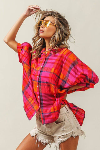 BiBi Button Up Dolman Sleeve Plaid Shirt - 1985 the VAULT Boutique