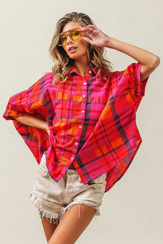 BiBi Button Up Dolman Sleeve Plaid Shirt - 1985 the VAULT Boutique