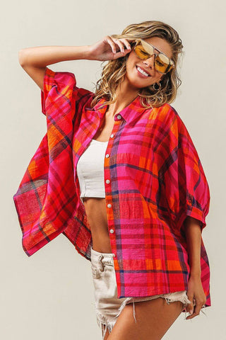 BiBi Button Up Dolman Sleeve Plaid Shirt - 1985 the VAULT Boutique