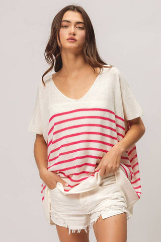 BiBi V Neck Striped Short Sleeve Top - 1985 the VAULT Boutique