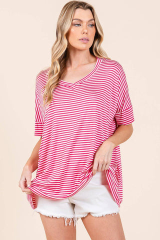 BOMBOM Striped V-Neck T-Shirt - 1985 the VAULT Boutique