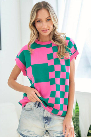 First Love Checkered Drop Shoulder Knit Top - 1985 the VAULT Boutique