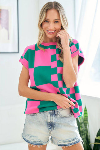 First Love Checkered Drop Shoulder Knit Top - 1985 the VAULT Boutique