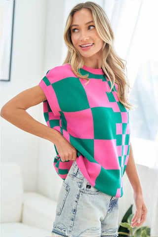 First Love Checkered Drop Shoulder Knit Top - 1985 the VAULT Boutique