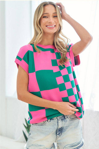 First Love Checkered Drop Shoulder Knit Top - 1985 the VAULT Boutique