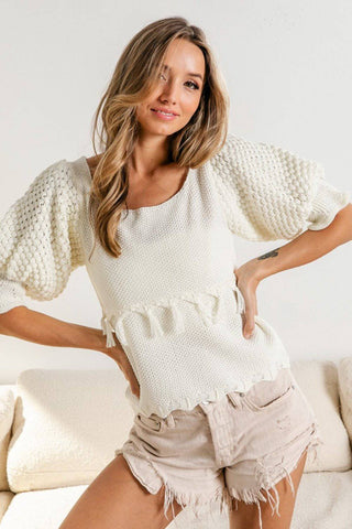 BiBi Tassel Detail Textured Square Neck Sweater - 1985 the VAULT Boutique